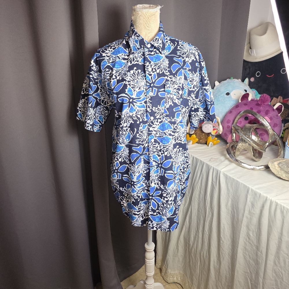 IZOD Men’s Blue Floral Hawaiian‎ Shirt Button Down Tropical Print Medium